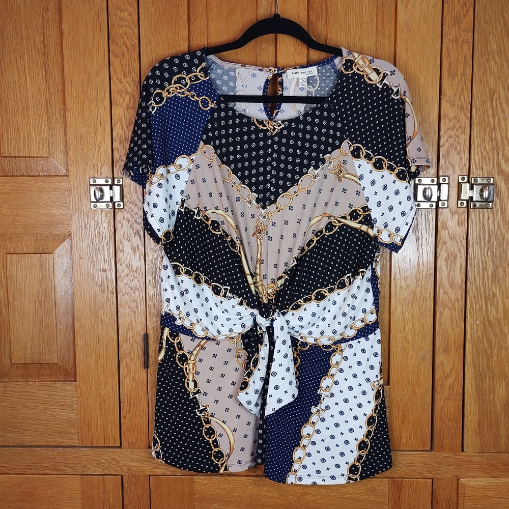 Faith and Joy black, navy, tan and white chain print tie front peplum top